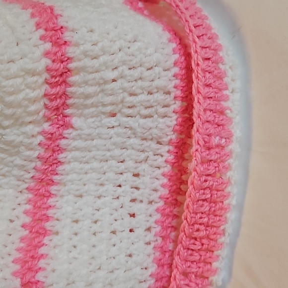 Hand Crafted Knitted beanie Handmade hat white & pink Stripes hand knit pom pom - Picture 12 of 17